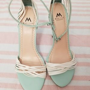pastel blue and white strappy ankle heels sz 6